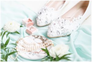beige and teal wedding shoes
