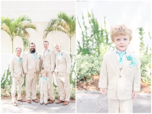 beige and teal wedding groomsmen