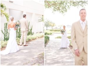 beige suit wedding first look
