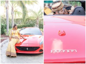 gold and red hindu wedding bride and groom ferrari car