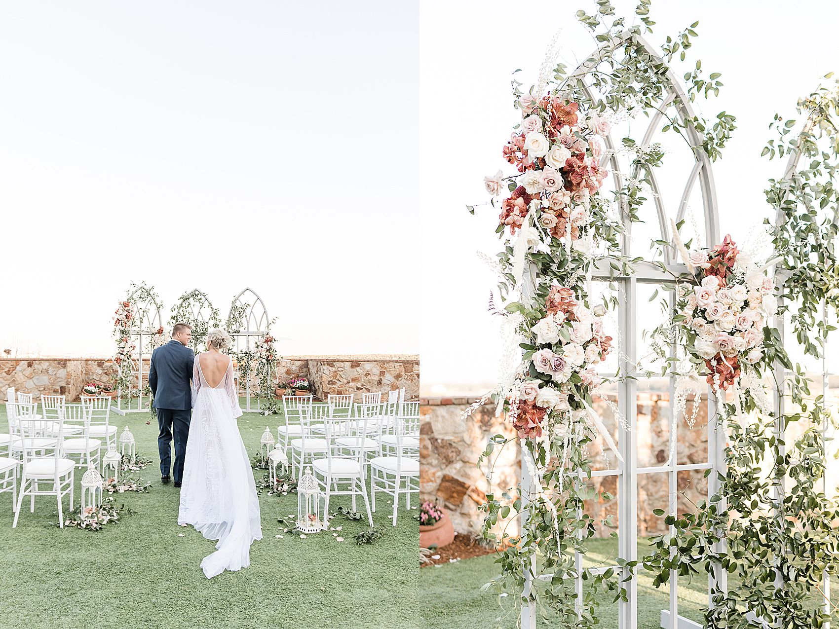 rose and green covered wedding arch